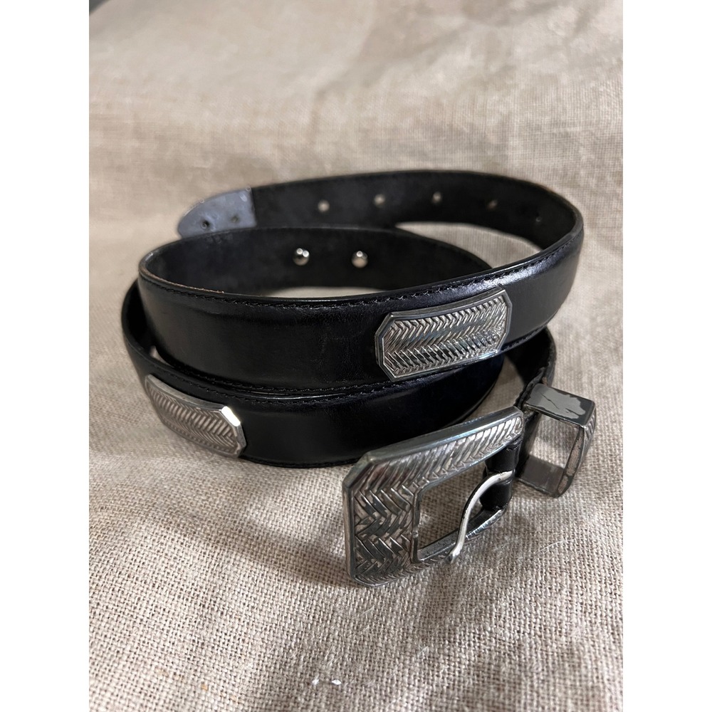 Vintage 1997 Black Leather Western Belt Silver Chevron Hardware 42 Inch